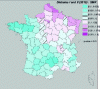 Figure 18 - Diabetes in metropolitan France (2010): SMR value by department and indication of its significance (non-hatched areas individually have an SMR significantly different from 1, with a 1% risk of error). Age standardization (indirect) was performed using 2010 rates calculated for all départements (three age classes: 0-45, 45-75, > 75).