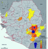 Figure 3 - Cases of Lassa fever in Sierra Leone: number of cases and incidence over four years. Representation using solid colors (choropleth map) and proportional symbols.