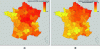 Figure 5 - Diabetes in France, 2010. Mapping of non-standardized rate on the left and standardized rate on the right (direct age standardization). The south-west/north-east spatial trend is much clearer with standardized rates.