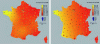 Figure 9 - Trend surfaces for 1997 diabetes incidence in France. On the left is an interpolation representation (potential), on the right the first-order trend plane (z = 7.55 + 0.003461*x + 0.000778*y). The orientation of the bilinear trend here is a gradient, slightly south-west-northeast (13°).