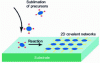 Figure 8 - Schematic diagram of a chemical reaction on a surface with functionalized precursors (red ends) that break away to make way for reaction sites forming a two-dimensional covalent network.