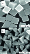 Figure 1 - Electron microscopy images of cubic (A) and pyramidal (B) silver nanoparticles. Adapted with permission from the reference. Copyright (2006) American Chemical Society