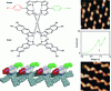 Figure 21 - Double-stage rotor-stator molecule. The molecular assembly forming a molecular gear is activated by the tip's electric field. Rotation of the upper part of a single molecule will propagate across the entire domain. The change in rotor orientation is clearly visible in the STM images to the right of figure [33].