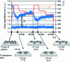 Figure 8 - Temperature dependence of the height of the XANES peak shown in Fig. 7 during temperature cycles, the analysis of which reflects the growth and decay of platinum nanoparticle size.