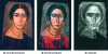 Figure 1 - Photographs of a Fayum portrait (Left: natural light photograph. Middle: ultraviolet photography. Right: X-ray. C2RMF) 