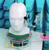 Figure 16 - Head of a dummy: the hand-held terminal is positioned against the ear, and its position can be adjusted. The top of the skull is pierced to allow the introduction of the liquid, which has wave propagation properties identical to those of the human brain and also allows the probe to be introduced.