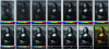 Figure 9 - Thirteen photographs of the Mona Lisa obtained for each filter, whose central wavelength is marked by a cross in the spectrum, and the reconstructed image (last image, bottom right).