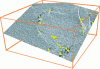 Figure 8 - Tomographic reconstruction from 92 cryo-electron transmission microscope images collected between – 70° and + 70°. The oblique section reveals the homogeneous set of OprM membrane proteins (in white), 8 nm in diameter. Gold beads (10 nm in diameter, in yellow) serve as fiduciary markers for acquisition alignment. (Image courtesy of the Chemistry and Biology of Membranes and Nano-objects Laboratory CBMN – UMR 5248 [36])