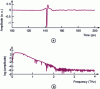 Figure 5 - (a) THz TDS signal measured in the time domain, (b) Fourier transform giving access to frequency components