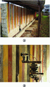 Figure 12 - (a) Experimental wall paintings produced by the LRMH in 1977, (b) optical output of the GaAs fiber diode laser mounted on a mechanical stage during in situ irradiation tests.