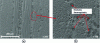 Figure 17 - SEM photos of thermoplastic nodules in the M21-T700GC material with (a) global view and (b) zoom of the surrounded area on the global view [46].