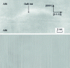 Figure 4 - High-resolution electron microscopy of a GaN quantum box (upper part) and image obtained by Fourier filtering by selecting the vertical planes (lower part).