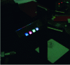Figure 7 - Photoluminescence of GaN quantum dots doped with Tm (blue), Eu (red), Tb (green). The rightmost sample contains a combination of several planes of boxes doped with Eu, Tm or Tb.
