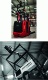 Figure 1 - Illustration of an AGV (Automated Guided Vehicle). Handling truck (left photo) equipped with MOVEBOX automation kit (detail on right photo). Images courtesy of Balyo.