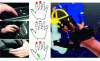 Figure 5 - Left: areas of the hand involved in certain driver interactions with vehicle controls (green: support areas - red: interaction areas; source: CEA internal report). Right: three-finger force feedback interface for simulating interactions with an automotive instrument panel.