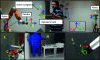 Figure 5 - Human-robot collaboration for an Airbus riveting operation [61]. Top, experimental context, with robot, operator and sensors (kinect and on-board camera). Bottom left, position of on-board camera on robot. Bottom middle, operator as seen from the kinect. Bottom right, rivet seen from on-board camera.