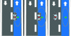 Figure 5 - Illustration of situations encountered with an integrity check. The corridor in which the vehicle's reference point must lie is shown in blue. This defines the alarm limit. Green is the estimated position and red the actual position. The ellipse represents the protection zone. On the left, the situation is normal. In the center, the uncertainty is too great and the tracking system is deemed unavailable. On the right, the information is misleading (and the situation dangerous) because the localization system thinks that the car is well located in its navigation lane, whereas it is in the left lane.