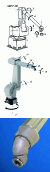 Figure 22 - Two 6R industrial robots with wrist offset: the GMF P150 robot (top) and the Fanuc P250iB robot (center). Detail of offset wrist (bottom)