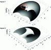 Figure 8 - Folding of the two aspects in the workspace for the orthogonal 3R robot and non-singular posture change trajectory around a cusp point