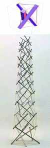 Figure 2 - Examples of tensegrity. Top, elementary 3D structure. Bottom, stacked assembly of elementary structures (from http://kennethsnelson.net/category/sculptures/towers/).