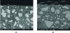 Figure 3 - SEM images of cross-sections of UHPC, molded with a smooth PVC mold (a) and with a textured PDMS mold (b)