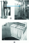 Figure 2 - Examples (a ) of external modules (Pall membralox modules®) and (b ) of submerged modules (Veolia Water, Zenon module).